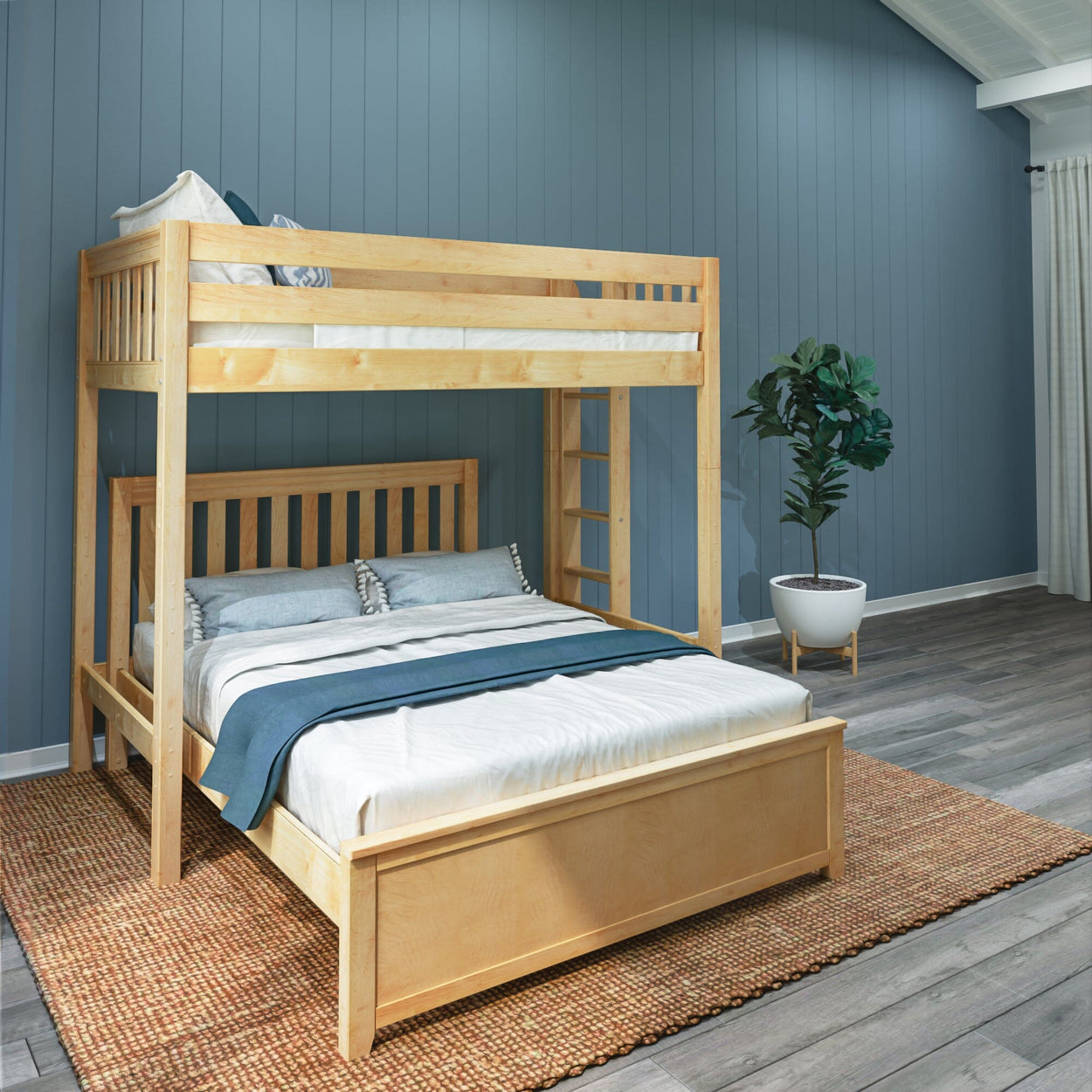 SLAM5 NS : Standard Loft Beds Twin High Loft Bed with Straight Ladder on End + Full Bed, Slat, Natural