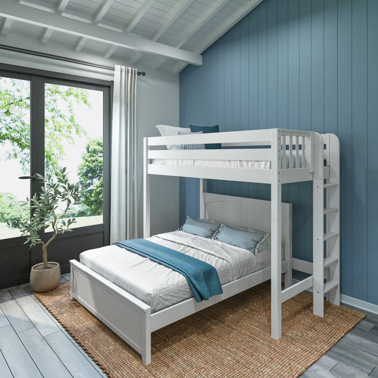 SLAM5 WP : Standard Loft Beds Twin High Loft Bed with Straight Ladder on End + Full Bed, Panel, White