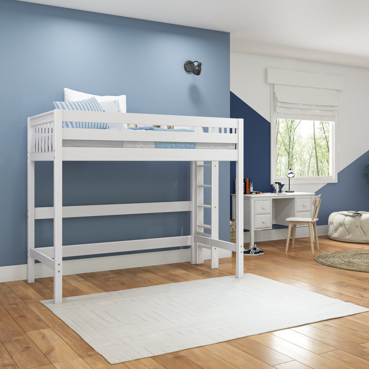 SLAM XL WS : Loft Bed Twin XL High Loft Bed with Straight Ladder on End, Slat, White