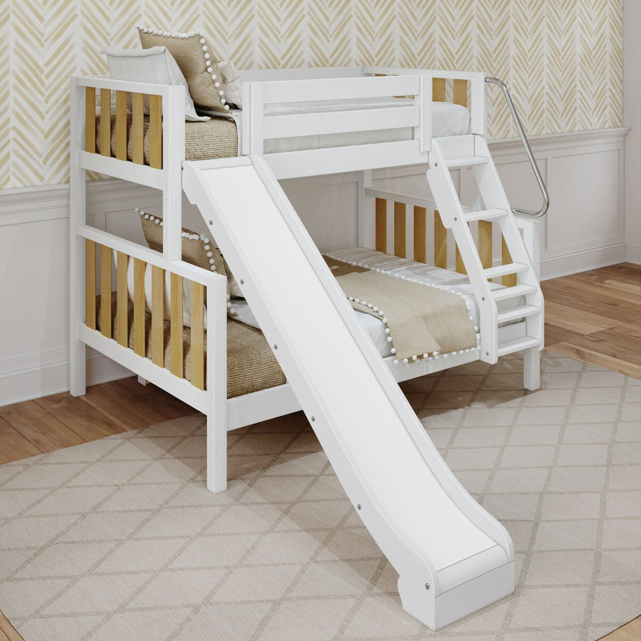 SLICK MWS : Bunk Bed Modern Twin over Full Medium Bunk Bed with Slide and Angled Ladder on Front