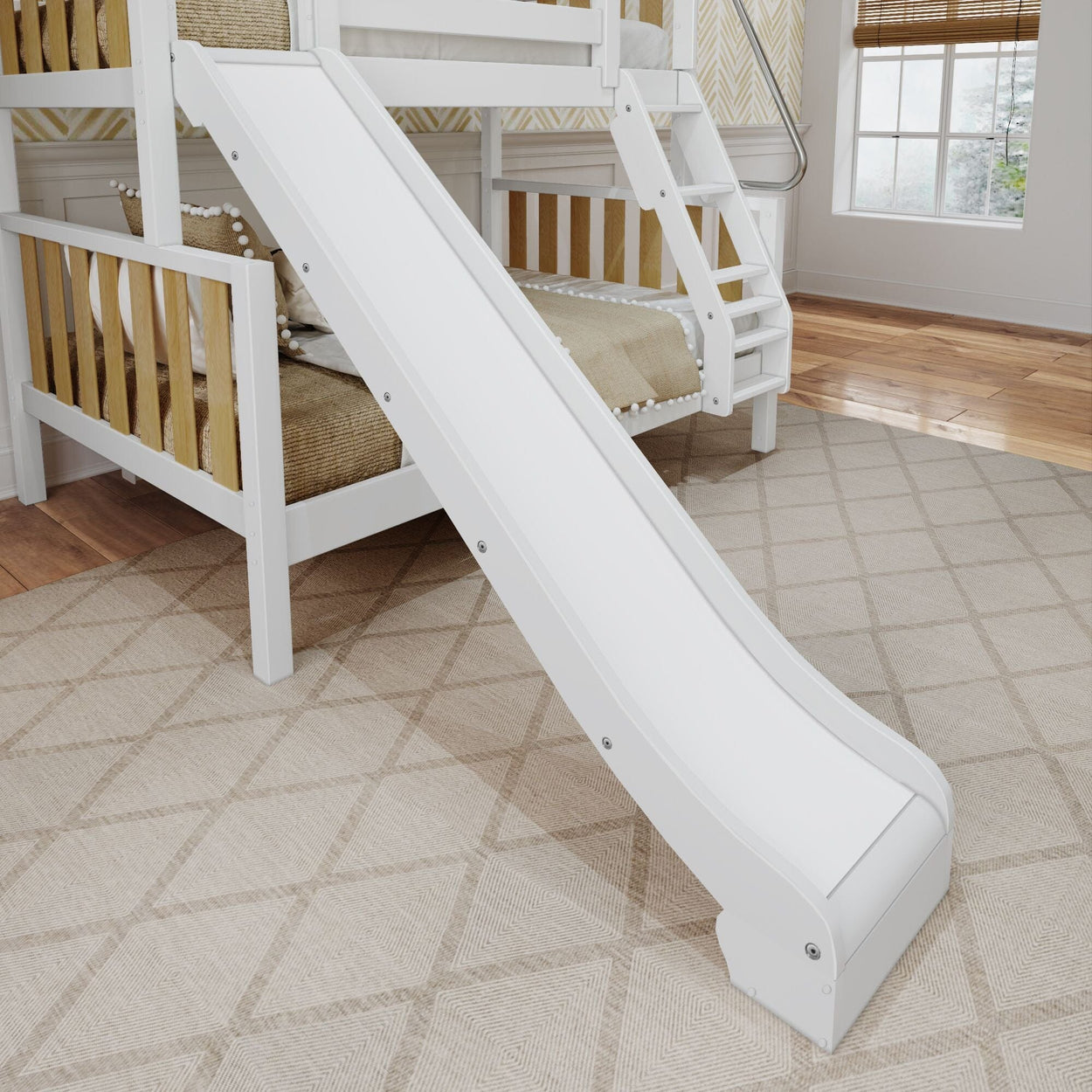 SLICK MWS : Play Bunk Beds Modern Twin over Full Medium Bunk Bed with Slide and Angled Ladder on Front