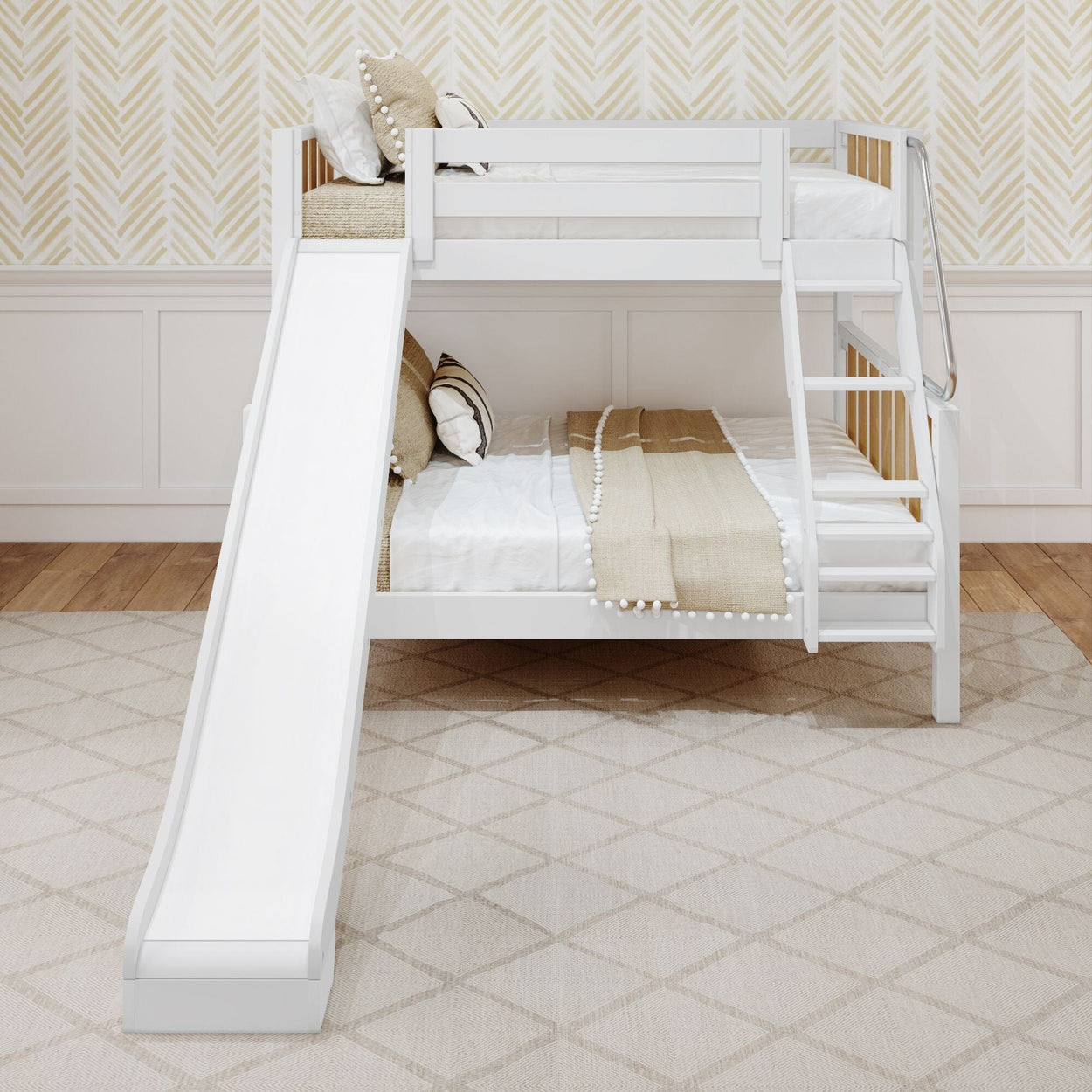 SLICK MWS : Bunk Bed Modern Twin over Full Medium Bunk Bed with Slide and Angled Ladder on Front