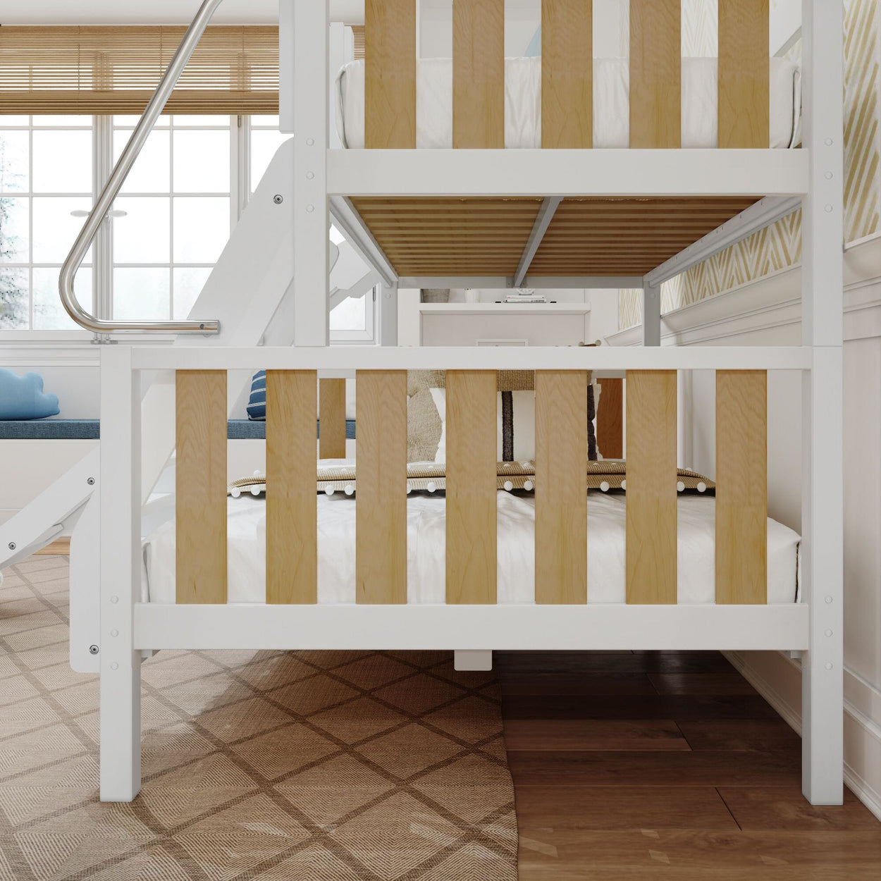 SLICK MWS : Play Bunk Beds Modern Twin over Full Medium Bunk Bed with Slide and Angled Ladder on Front