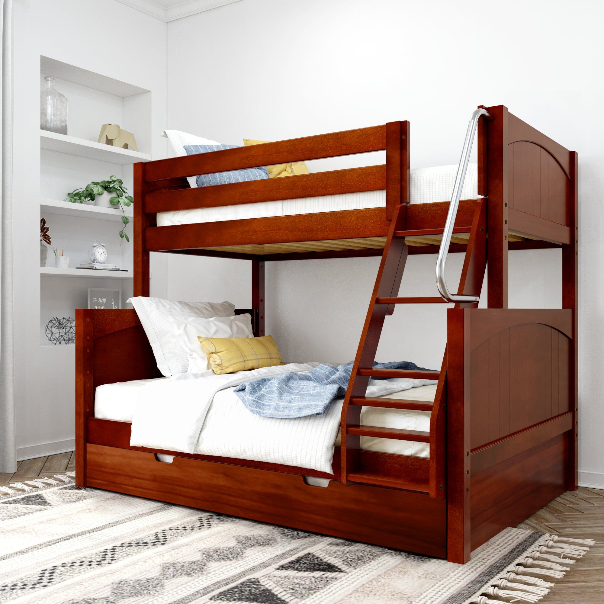 Twin over Full Medium Bunk Bed with Angled Ladder and Trundle Bed