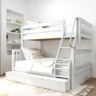 SLOPE TR WS : Staggered Bunk Beds Twin over Full Medium Bunk Bed with Angled Ladder and Trundle Bed, Slat, White