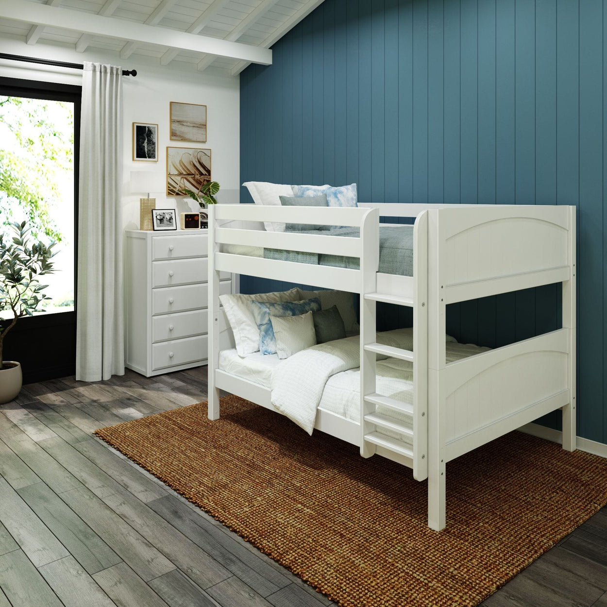 SLURP WP : Classic Bunk Beds Full Low Bunk Bed with Straight Ladder on Front, Panel, White