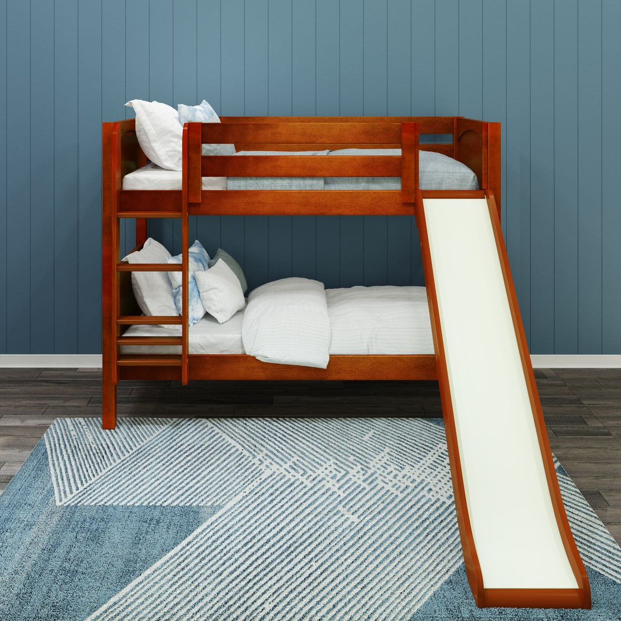 SMILE CP : Bunk Bed Twin Low Bunk Bed with Slide and Straight Ladder on Front, Panel, Chestnut