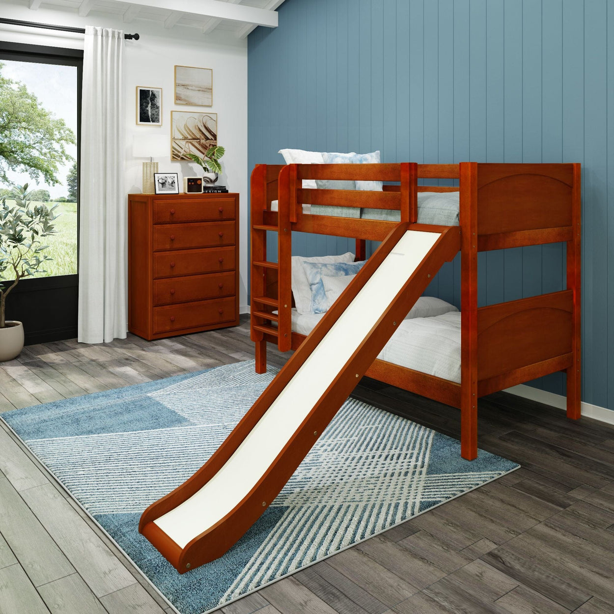 SMILE CP : Bunk Bed Twin Low Bunk Bed with Slide and Straight Ladder on Front, Panel, Chestnut