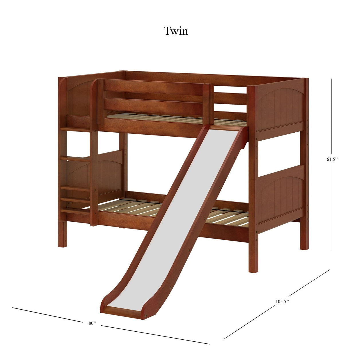 SMILE CP : Bunk Bed Twin Low Bunk Bed with Slide and Straight Ladder on Front, Panel, Chestnut