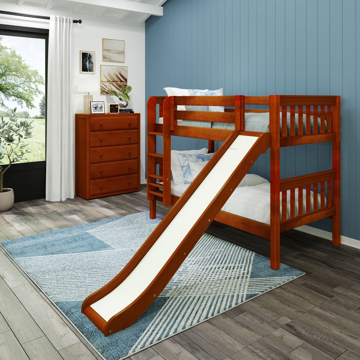 SMILE CS : Bunk Bed Twin Low Bunk Bed with Slide and Straight Ladder on Front, Slat, Chestnut