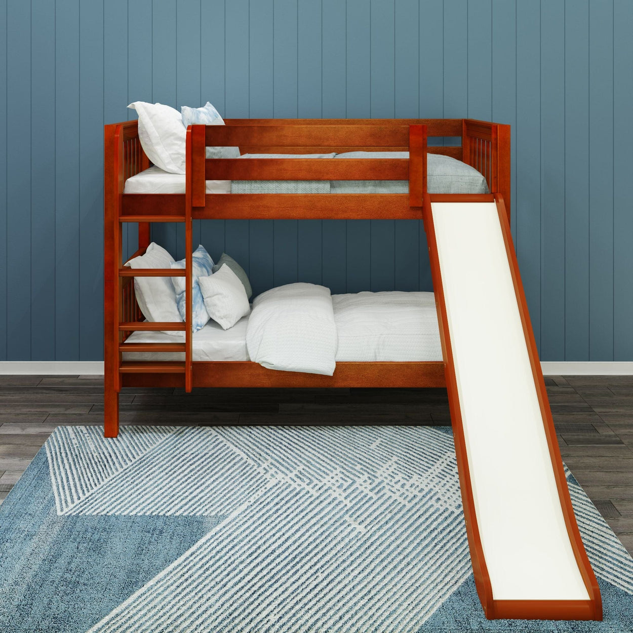 SMILE CS : Bunk Bed Twin Low Bunk Bed with Slide and Straight Ladder on Front, Slat, Chestnut