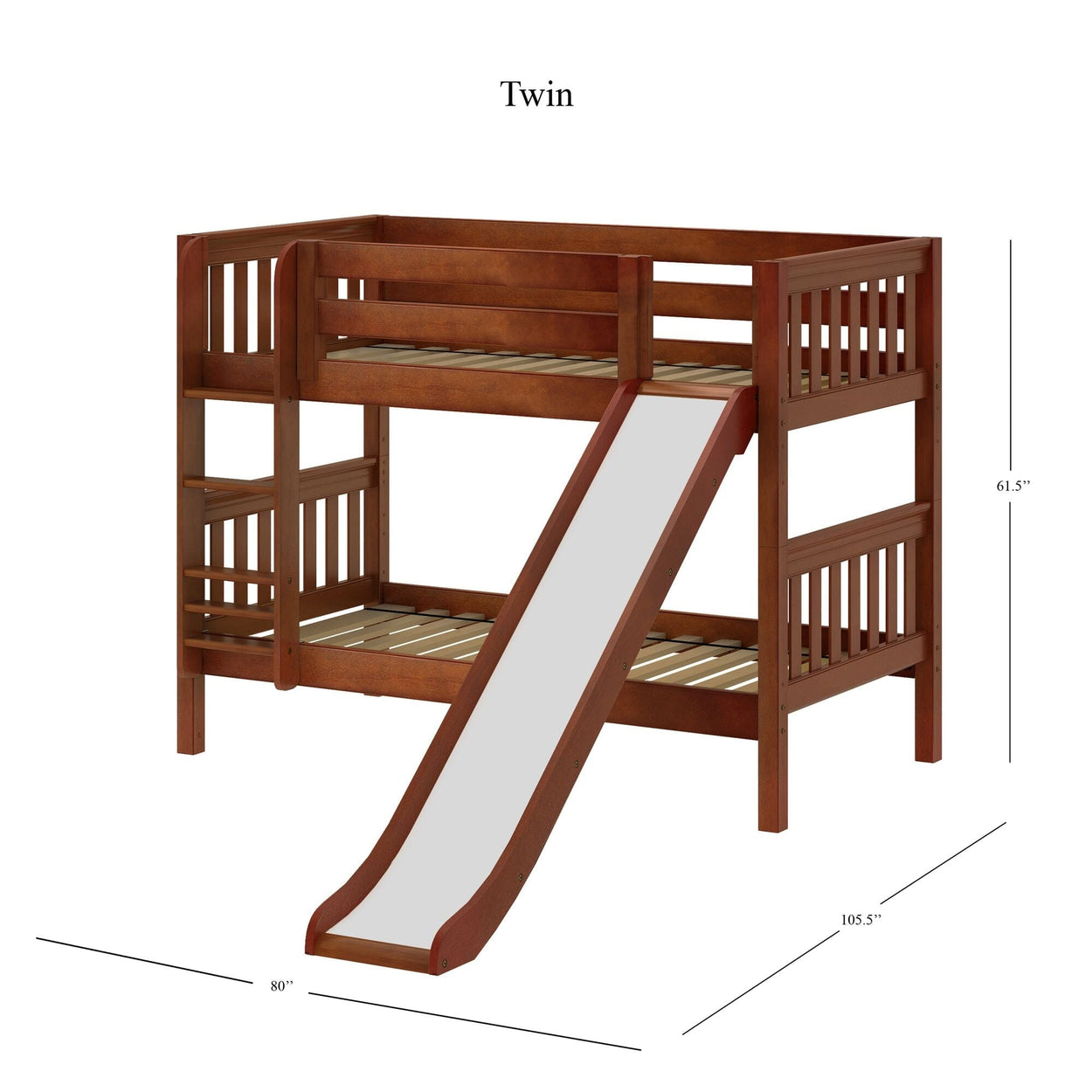 SMILE CS : Bunk Bed Twin Low Bunk Bed with Slide and Straight Ladder on Front, Slat, Chestnut