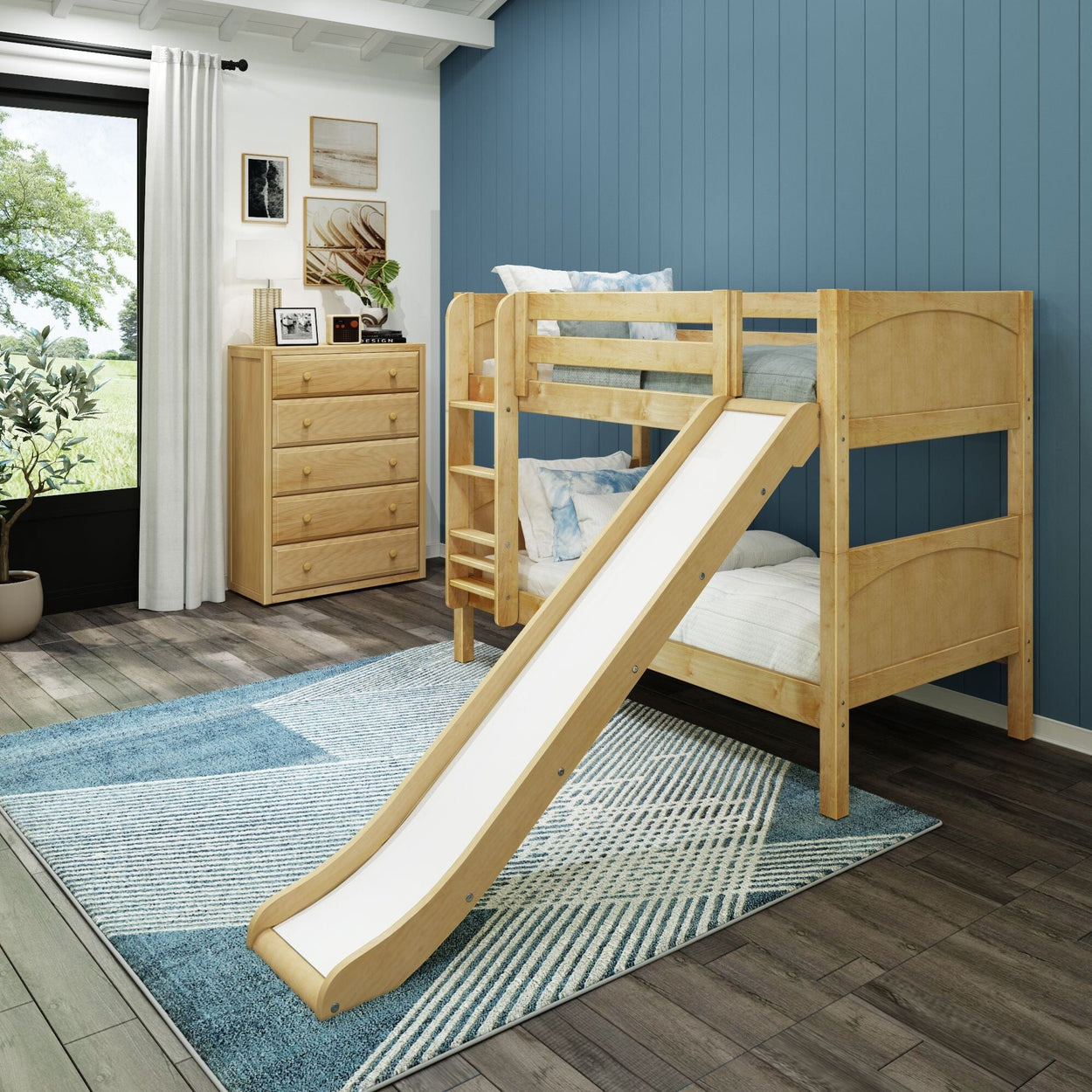 SMILE NP : Play Bunk Beds Twin Low Bunk Bed with Slide and Straight Ladder on Front, Panel, Natural