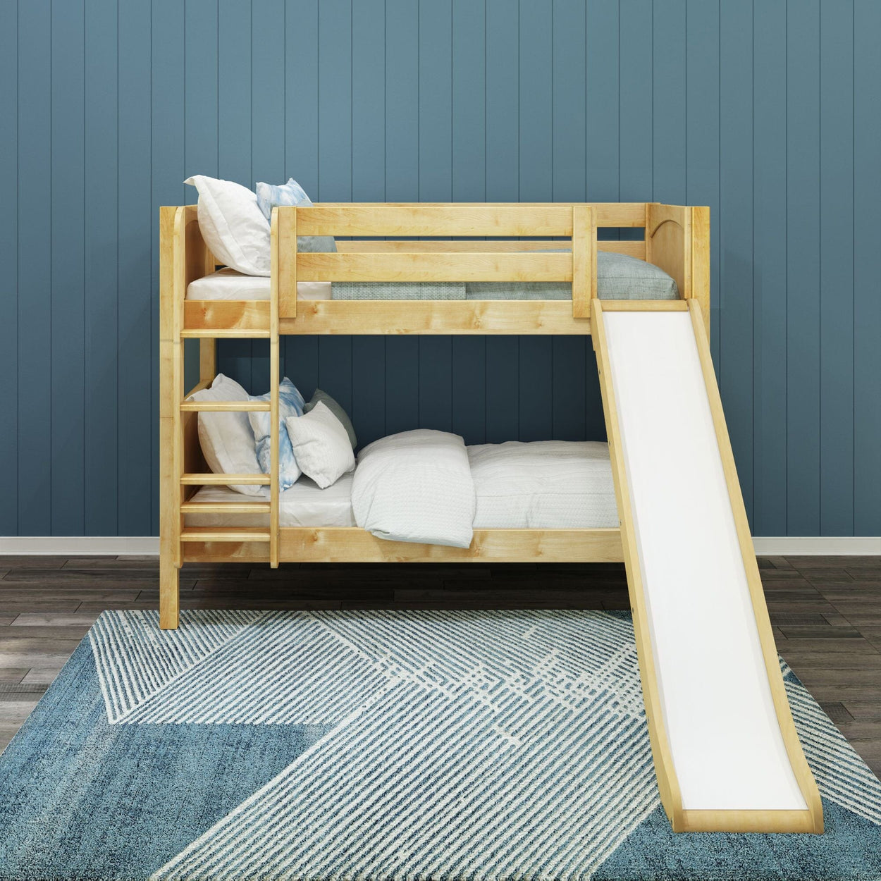 SMILE NP : Play Bunk Beds Twin Low Bunk Bed with Slide and Straight Ladder on Front, Panel, Natural