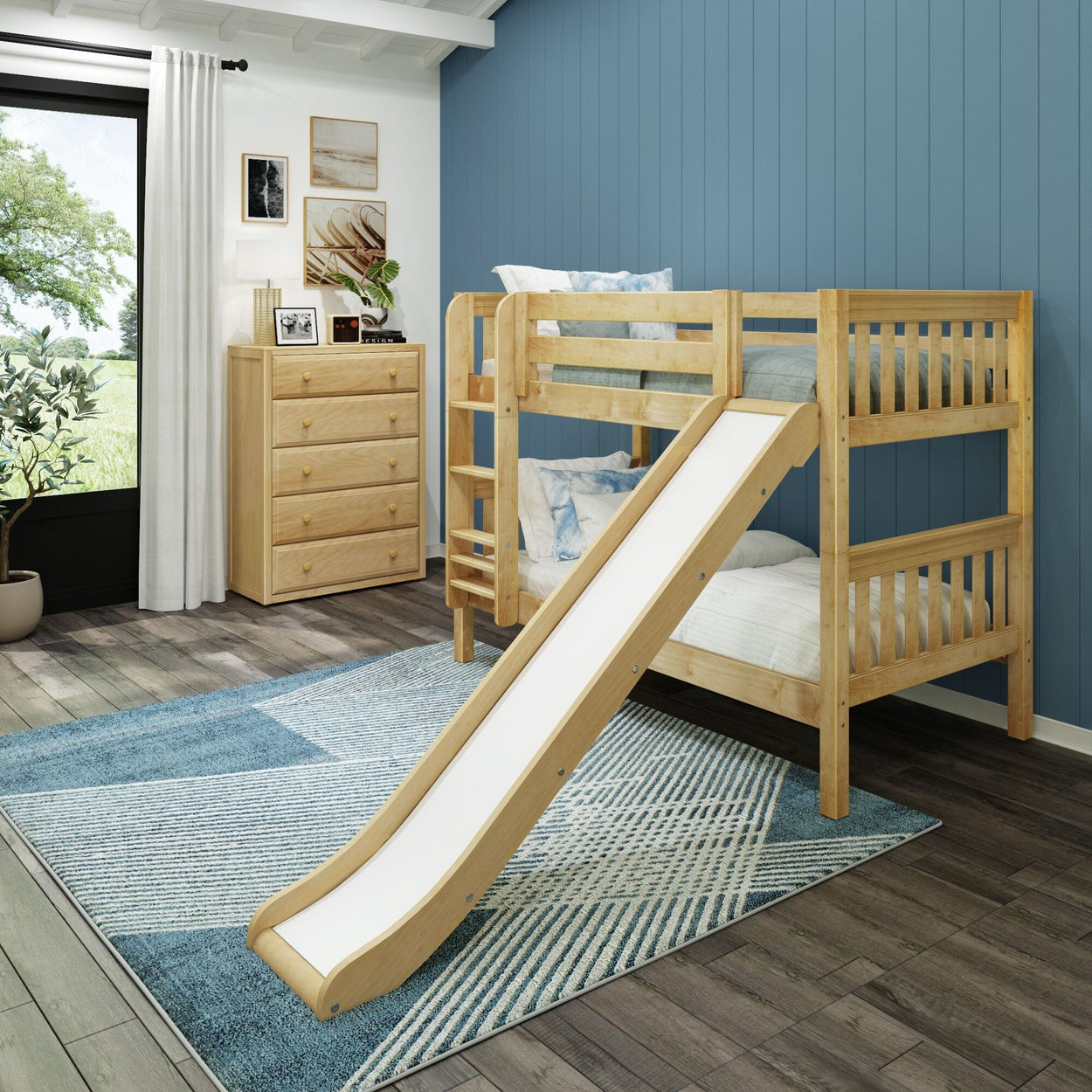 SMILE NS : Bunk Bed Twin Low Bunk Bed with Slide and Straight Ladder on Front, Slat, Natural