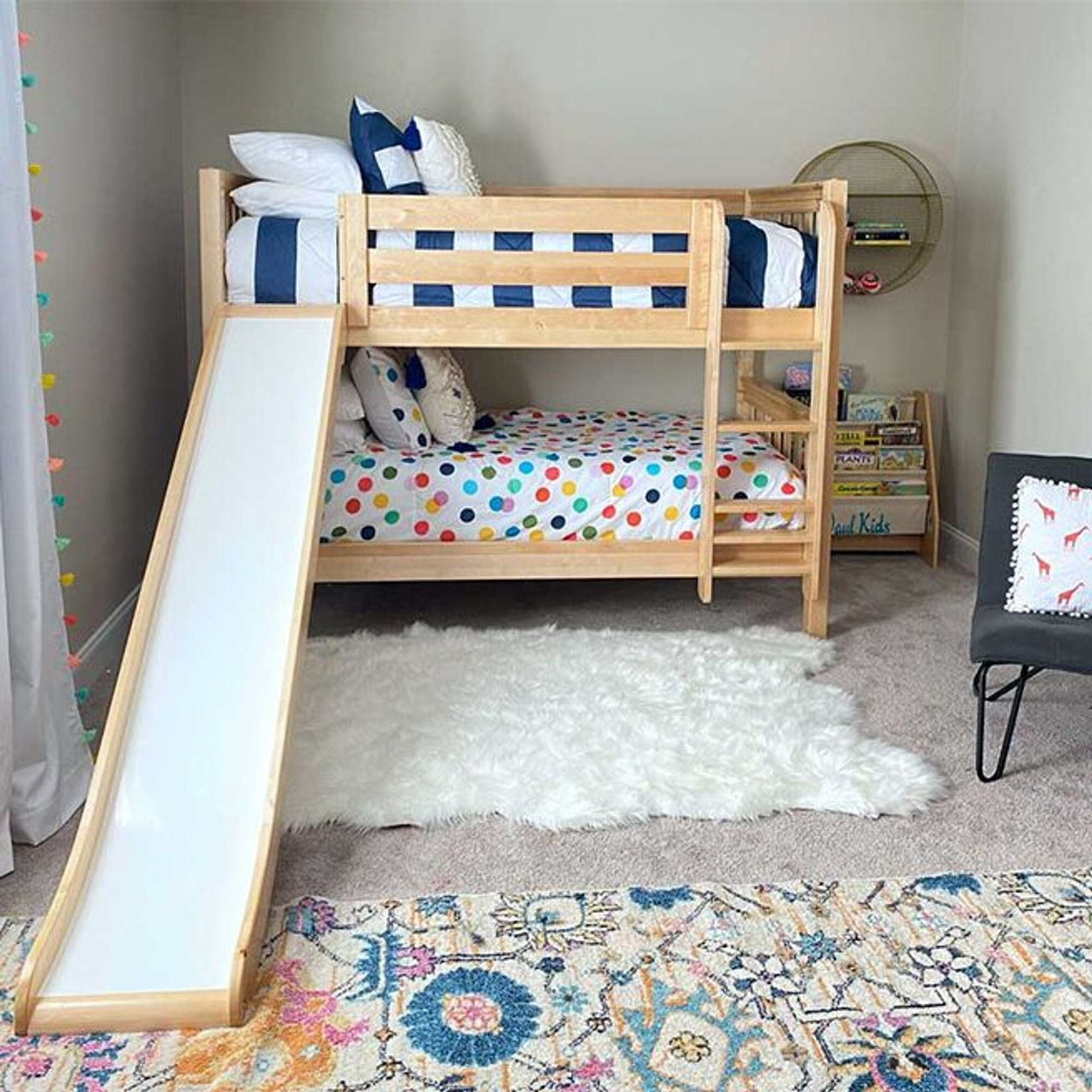 SMILE NS : Bunk Bed Twin Low Bunk Bed with Slide and Straight Ladder on Front, Slat, Natural