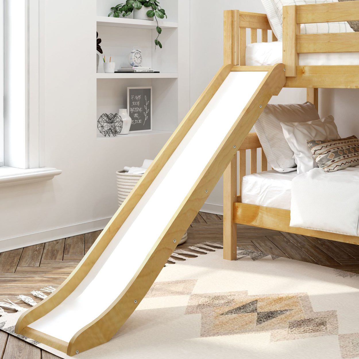 SMILE NS : Bunk Bed Twin Low Bunk Bed with Slide and Straight Ladder on Front, Slat, Natural