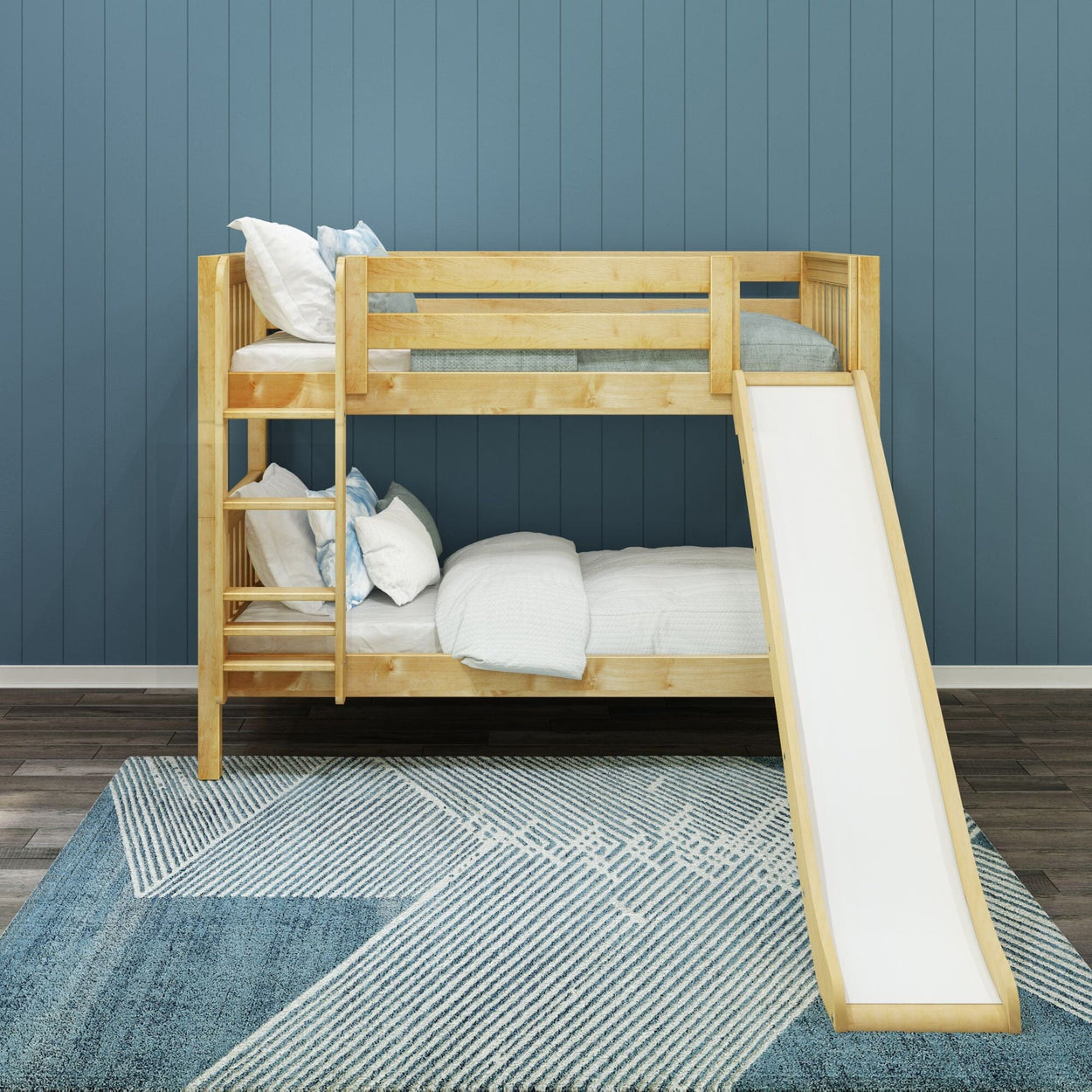 SMILE NS : Bunk Bed Twin Low Bunk Bed with Slide and Straight Ladder on Front, Slat, Natural