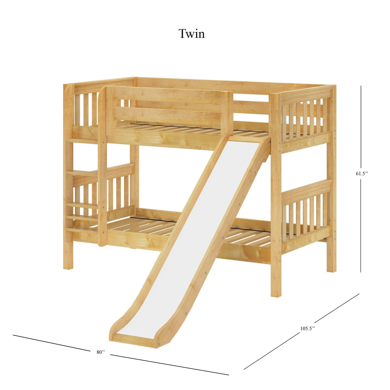 SMILE NS : Play Bunk Beds Twin Low Bunk Bed with Slide and Straight Ladder on Front, Slat, Natural