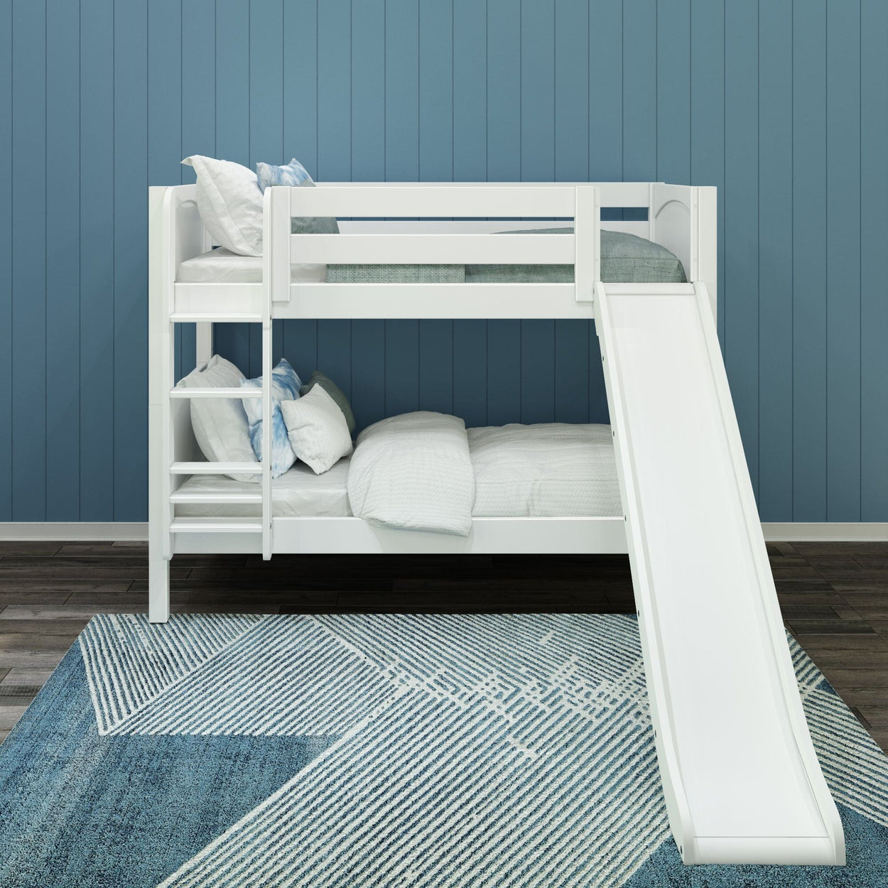 SMILE WP : Play Bunk Beds Twin Low Bunk Bed with Slide and Straight Ladder on Front, Panel, White