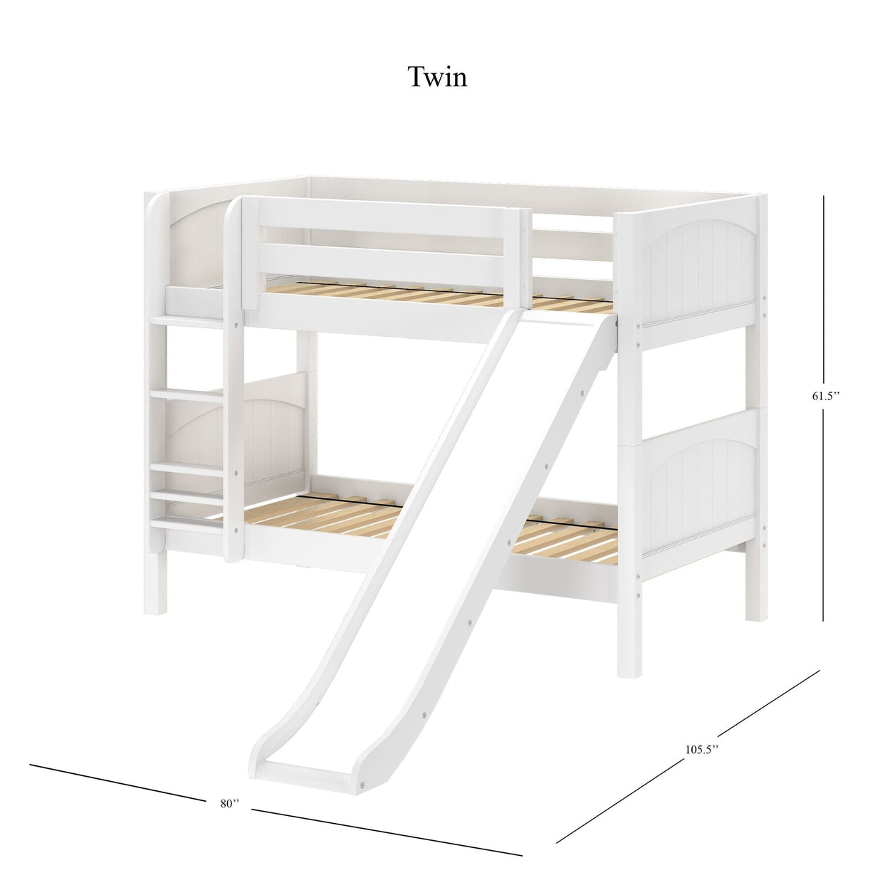 SMILE WP : Bunk Bed Twin Low Bunk Bed with Slide and Straight Ladder on Front, Panel, White