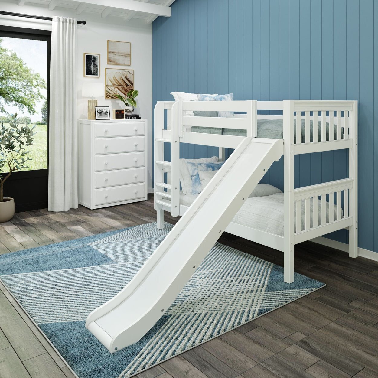 SMILE WS : Bunk Bed Twin Low Bunk Bed with Slide and Straight Ladder on Front, Slat, White