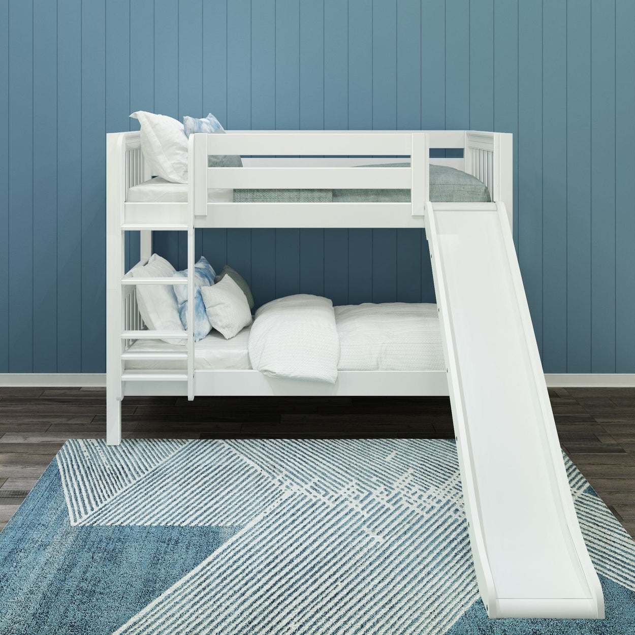 SMILE WS : Bunk Bed Twin Low Bunk Bed with Slide and Straight Ladder on Front, Slat, White