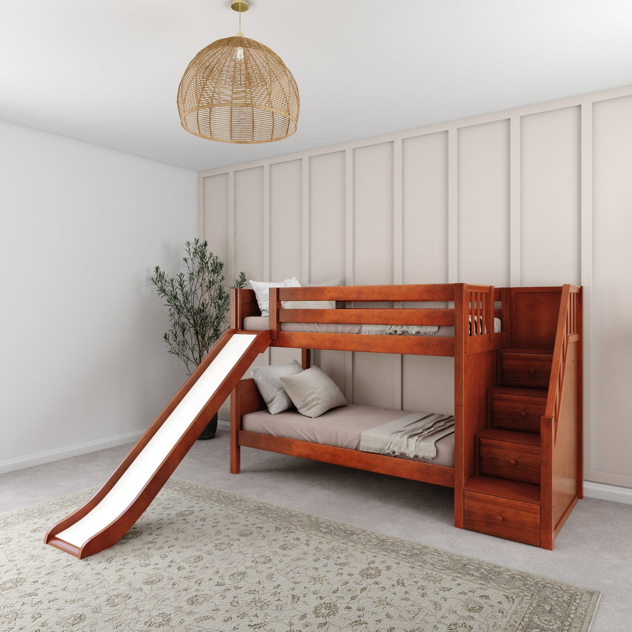 SNIGGLE CP : Play Bunk Beds Twin over Twin Low Bunk Bed with Storage Staircase Entry and Slide, Panel, Chestnut Finish, Panel, Chestnut