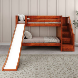 SNIGGLE CP : Play Bunk Beds Twin over Twin Low Bunk Bed with Storage Staircase Entry and Slide, Panel, Chestnut Finish, Panel, Chestnut