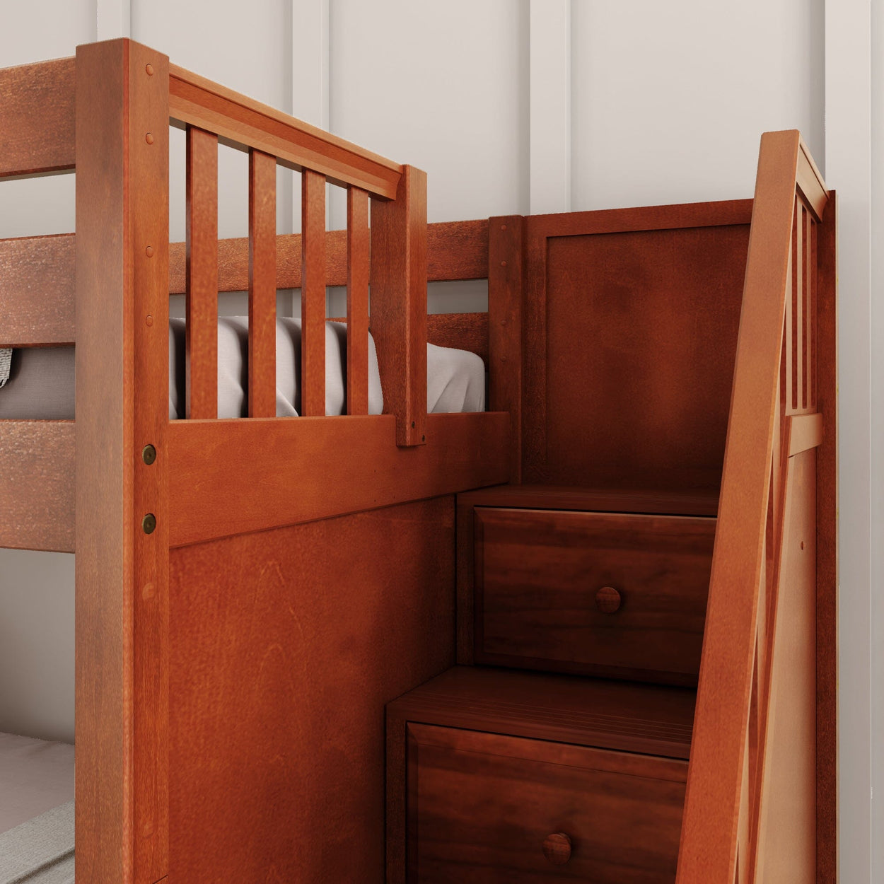 SNIGGLE CP : Play Bunk Beds Twin over Twin Low Bunk Bed with Storage Staircase Entry and Slide, Panel, Chestnut Finish, Panel, Chestnut