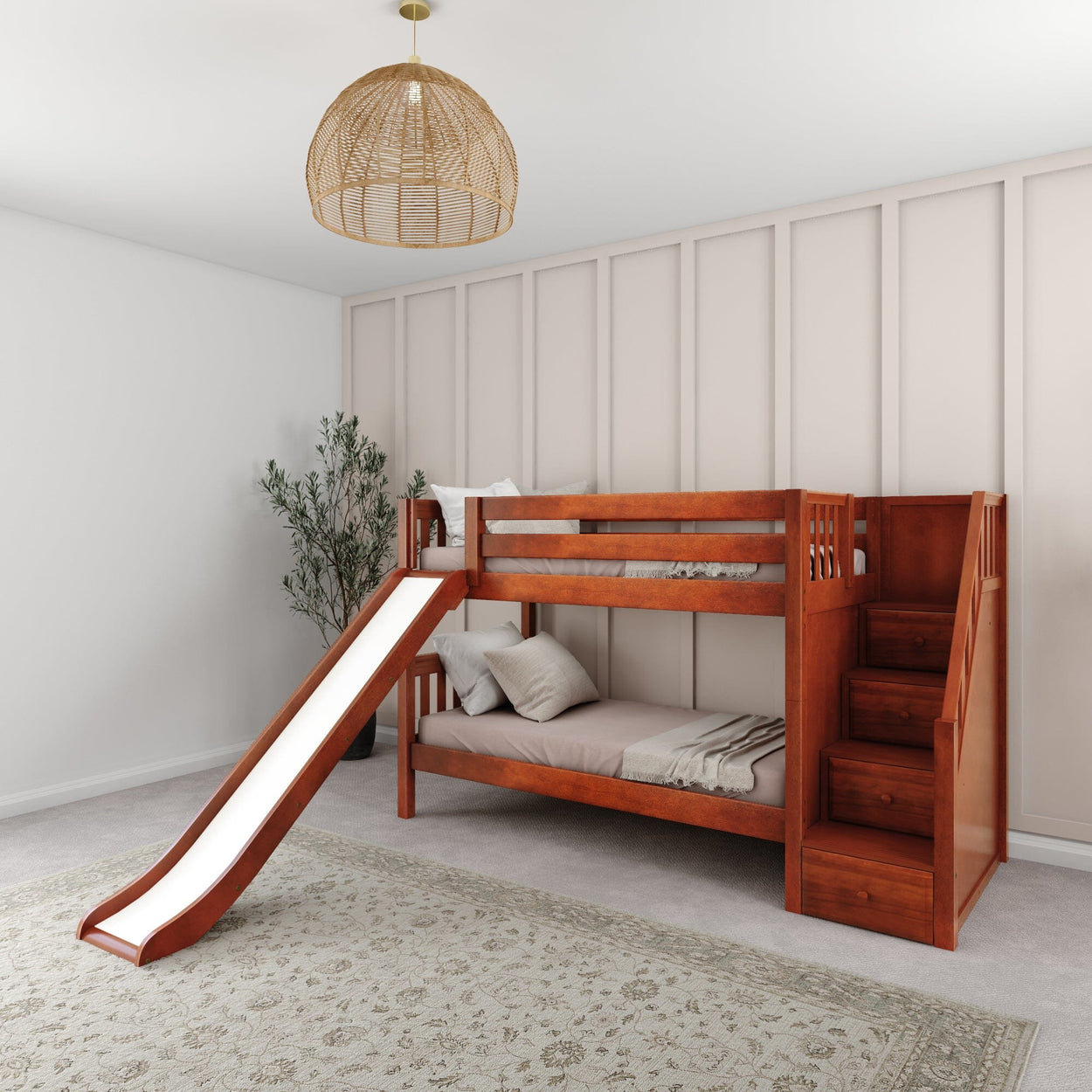 SNIGGLE CS : Bunk Bed Twin Low Bunk Bed with Stairs + Slide, Slat, Chestnut