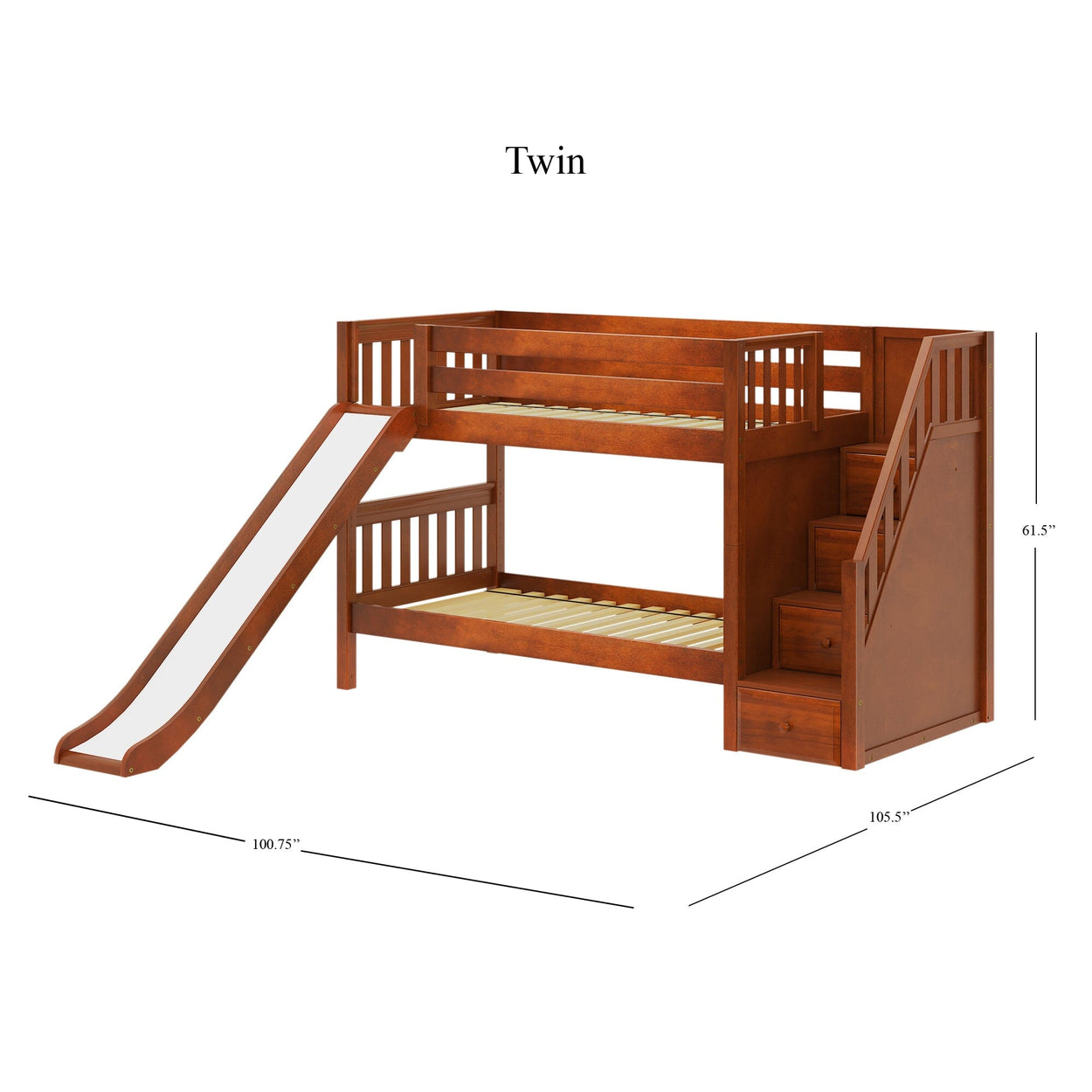 SNIGGLE CS : Bunk Bed Twin Low Bunk Bed with Stairs + Slide, Slat, Chestnut