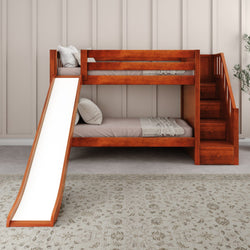 SNIGGLE CS : Bunk Bed Twin Low Bunk Bed with Stairs + Slide, Slat, Chestnut