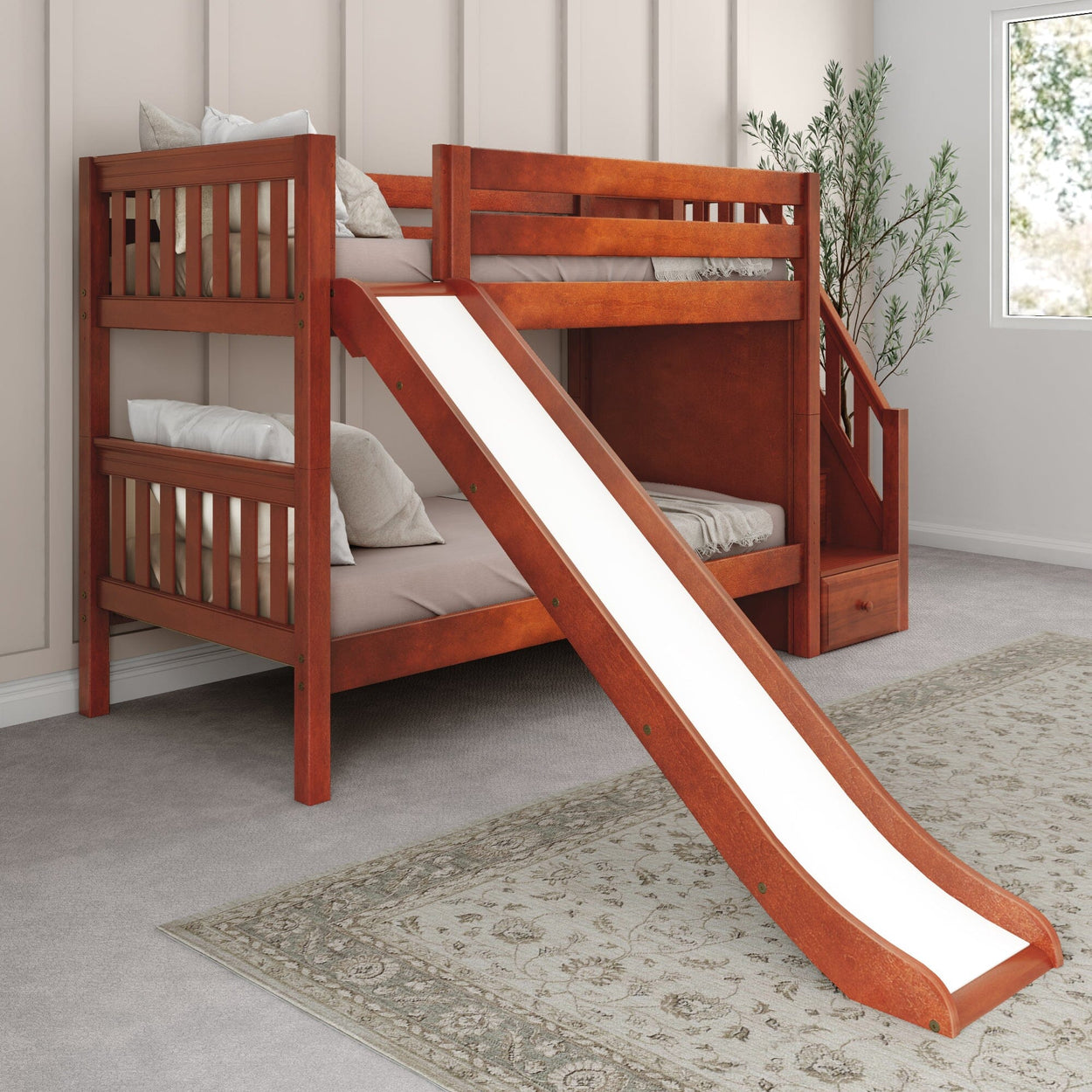 SNIGGLE CS : Bunk Bed Twin Low Bunk Bed with Stairs + Slide, Slat, Chestnut