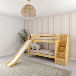 SNIGGLE NP : Bunk Bed Twin over Twin Low Bunk Bed with Storage Staircase Entry and Slide, Panel, Natural Finish, Panel, Natural