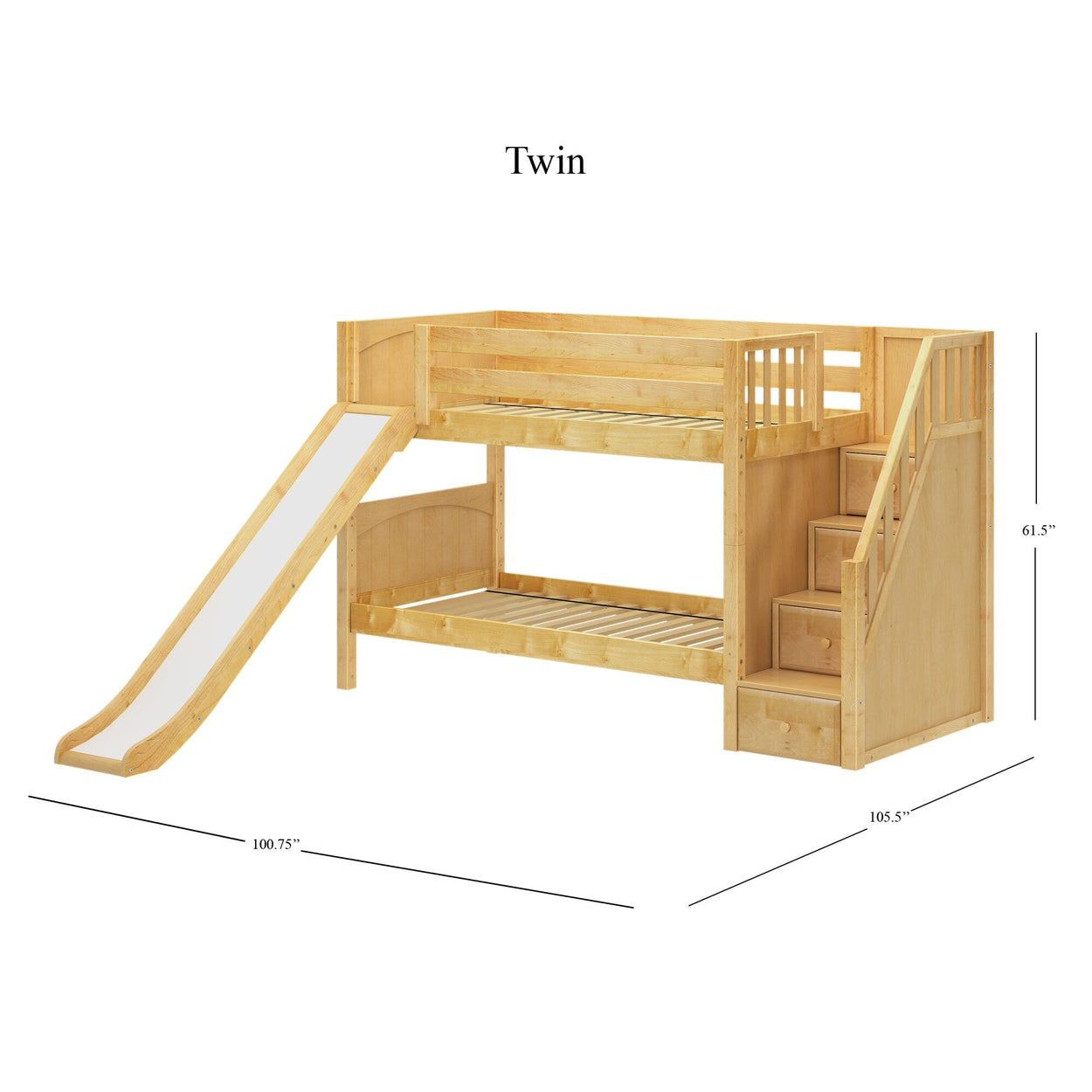 SNIGGLE NP : Bunk Bed Twin over Twin Low Bunk Bed with Storage Staircase Entry and Slide, Panel, Natural Finish, Panel, Natural