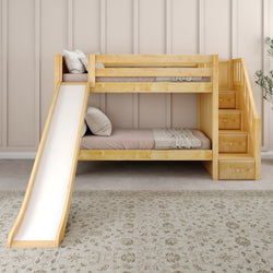 SNIGGLE NP : Bunk Bed Twin over Twin Low Bunk Bed with Storage Staircase Entry and Slide, Panel, Natural Finish, Panel, Natural