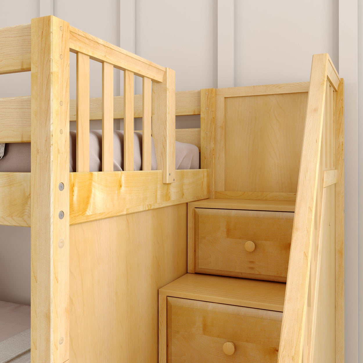 SNIGGLE NP : Bunk Bed Twin over Twin Low Bunk Bed with Storage Staircase Entry and Slide, Panel, Natural Finish, Panel, Natural