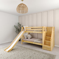 SNIGGLE NS : Bunk Bed Twin Low Bunk Bed with Stairs + Slide, Slat, Natural