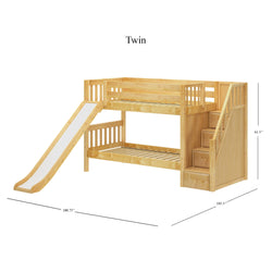 SNIGGLE NS : Bunk Bed Twin Low Bunk Bed with Stairs + Slide, Slat, Natural