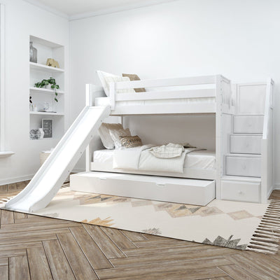 SNIGGLE TR WP : Play Bunk Beds Twin Low Bunk Bed with Stairs and Slide and Trundle Bed, Panel, White