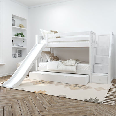 SNIGGLE TR WS : Play Bunk Beds Twin Low Bunk Bed with Stairs and Slide and Trundle Bed, Slat, White