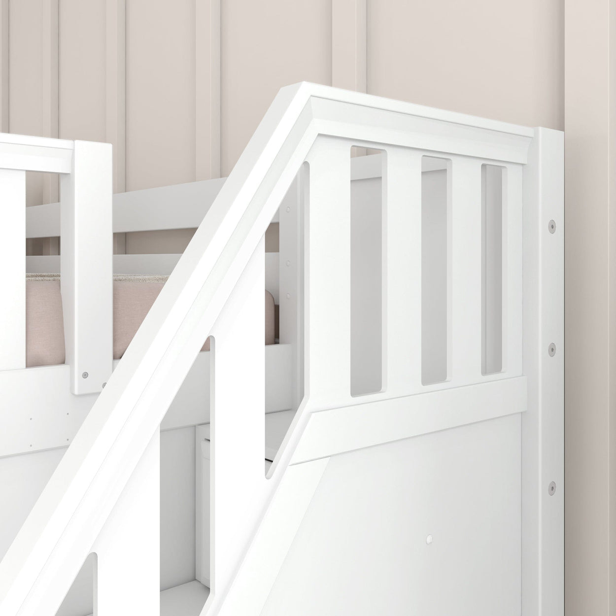 SNIGGLE WP : Bunk Bed Twin over Twin Low Bunk Bed with Storage Staircase Entry and Slide, Panel, White Finish, Panel, White