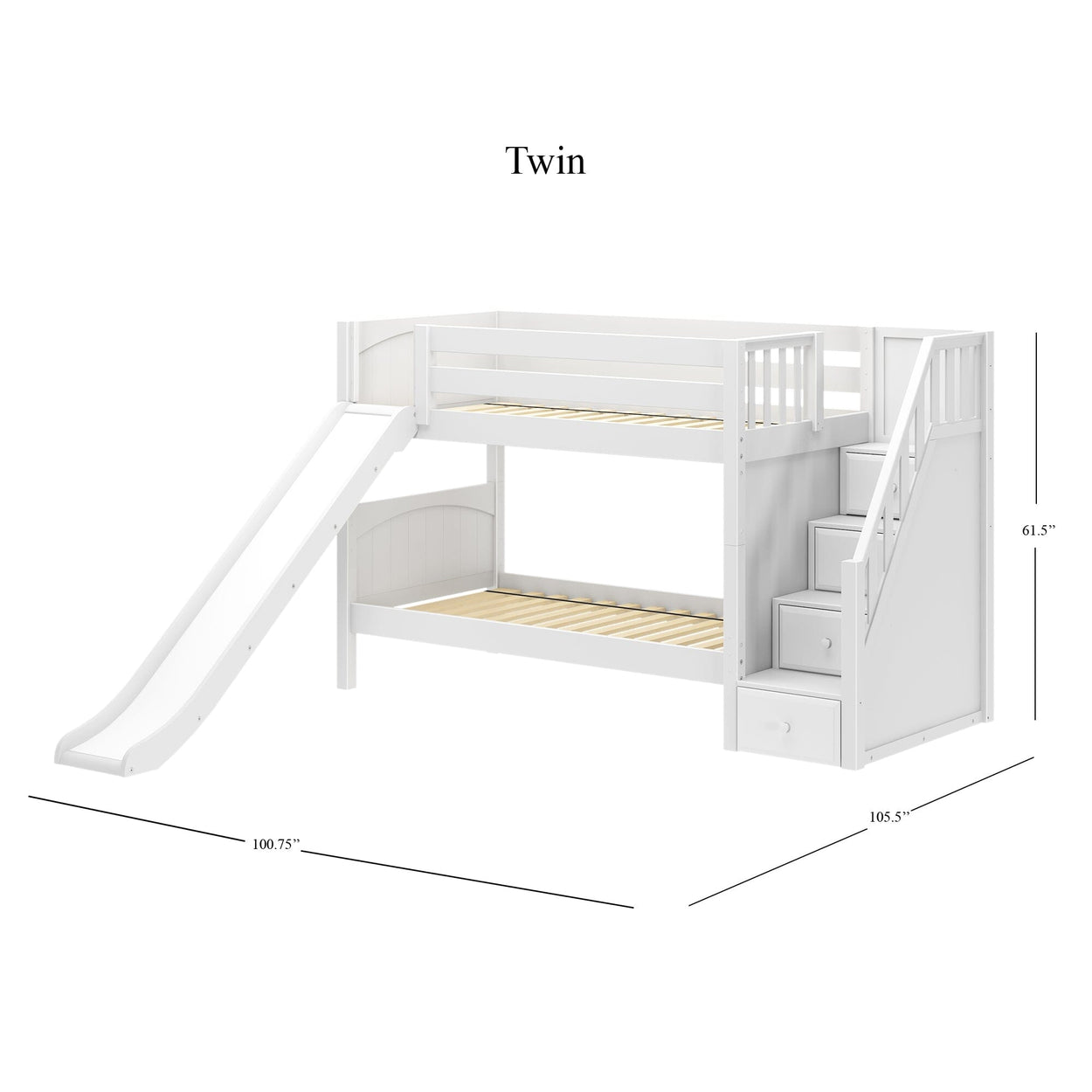 SNIGGLE WP : Bunk Bed Twin over Twin Low Bunk Bed with Storage Staircase Entry and Slide, Panel, White Finish, Panel, White