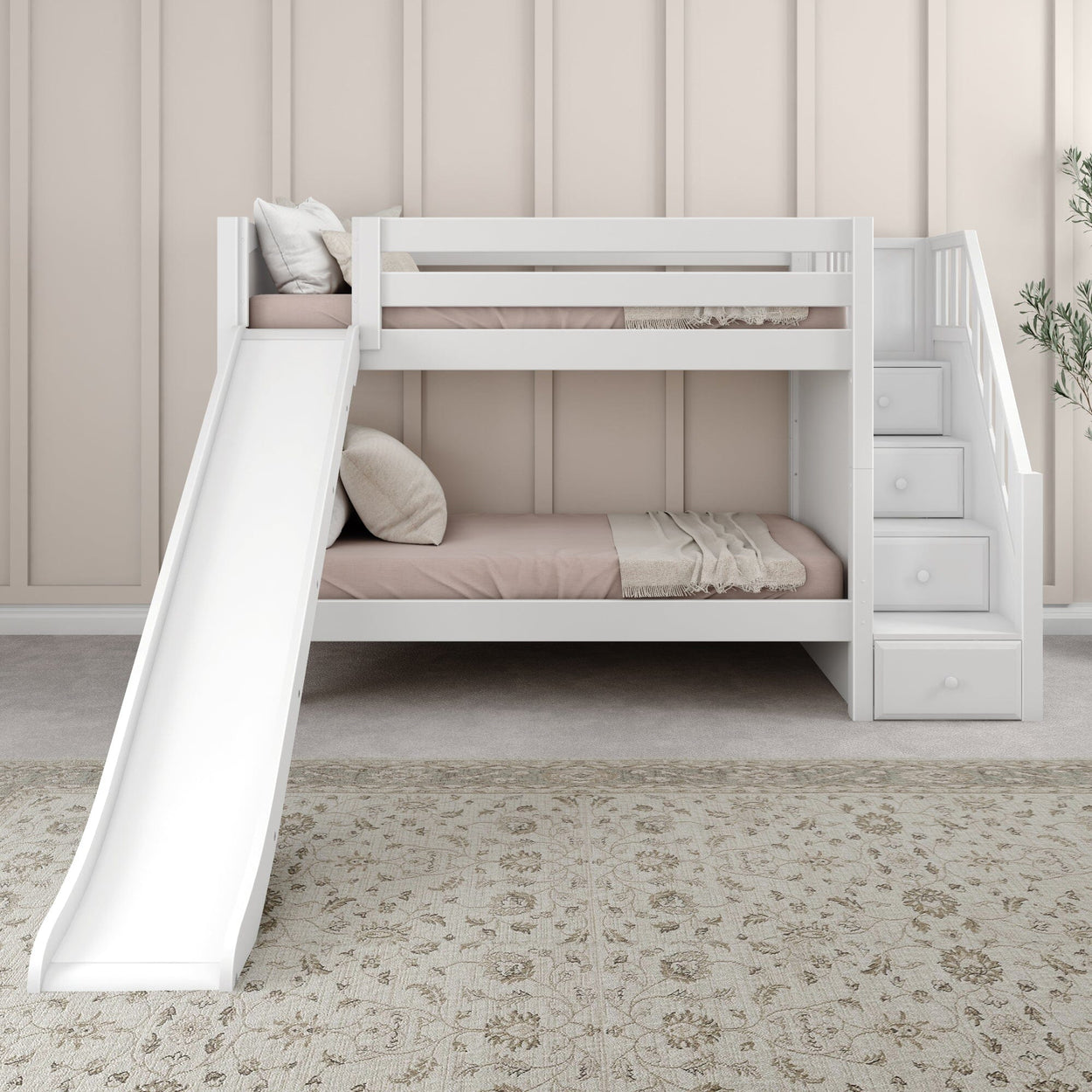 SNIGGLE WP : Bunk Bed Twin over Twin Low Bunk Bed with Storage Staircase Entry and Slide, Panel, White Finish, Panel, White