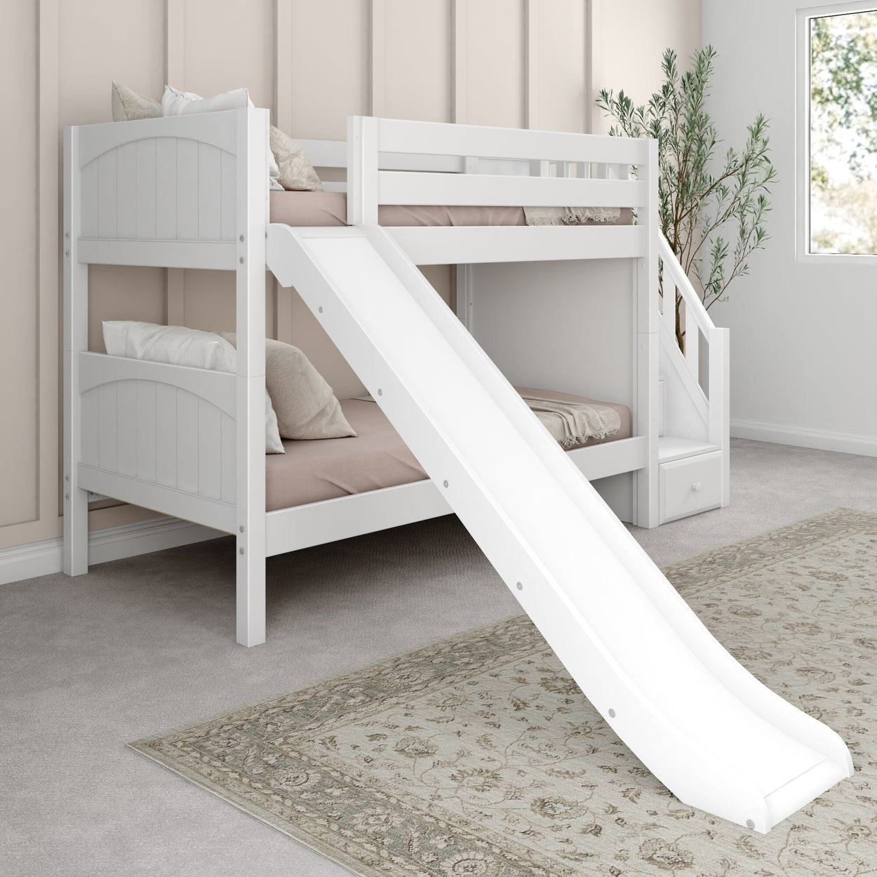 SNIGGLE WP : Bunk Bed Twin over Twin Low Bunk Bed with Storage Staircase Entry and Slide, Panel, White Finish, Panel, White