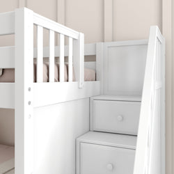 SNIGGLE WP : Bunk Bed Twin over Twin Low Bunk Bed with Storage Staircase Entry and Slide, Panel, White Finish, Panel, White