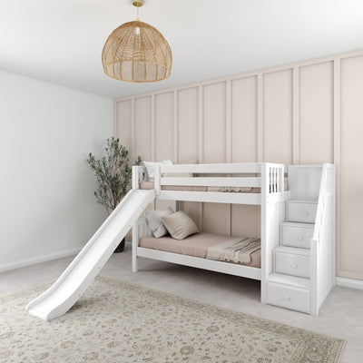 SNIGGLE WS : Bunk Bed Twin Low Bunk Bed with Stairs + Slide, Slat, White