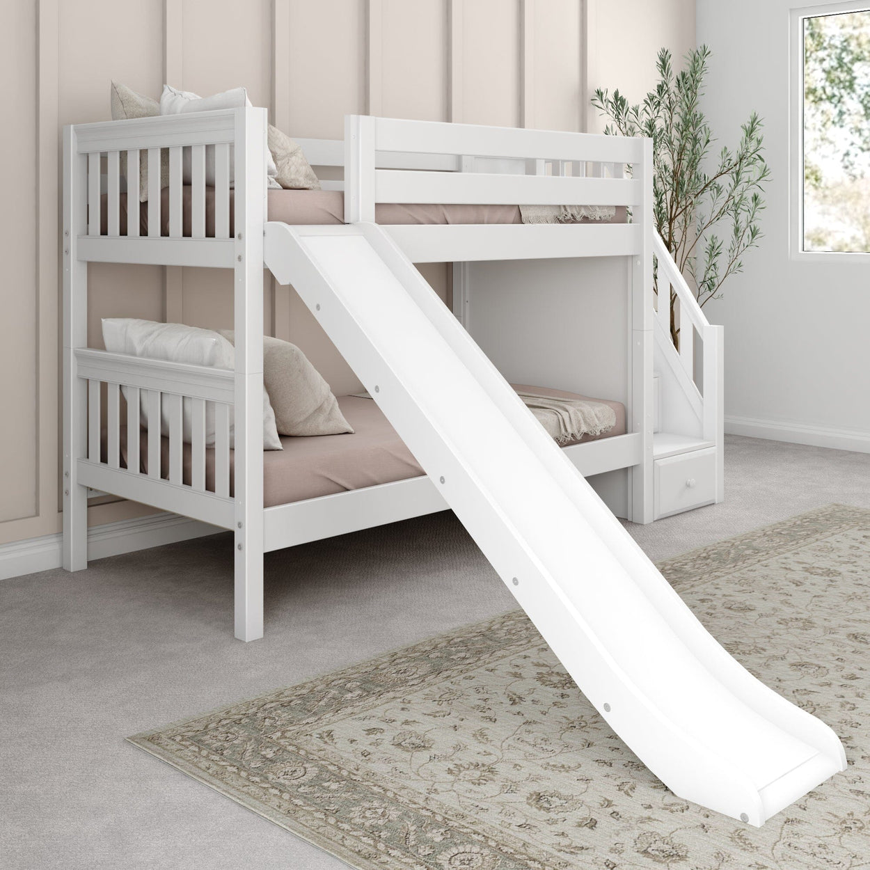 SNIGGLE WS : Bunk Bed Twin Low Bunk Bed with Stairs + Slide, Slat, White