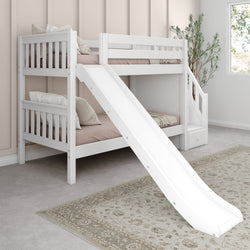 SNIGGLE WS : Play Bunk Beds Twin Low Bunk Bed with Stairs + Slide, Slat, White